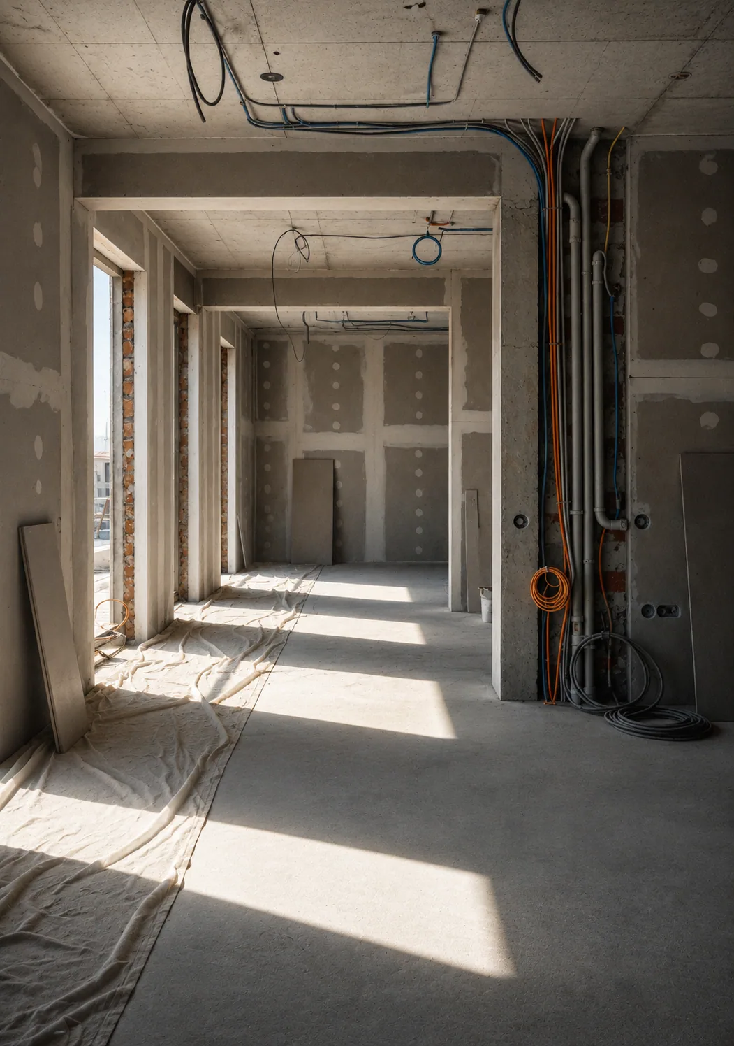 Couloir mis à nu après curage, prêt pour la rénovation
