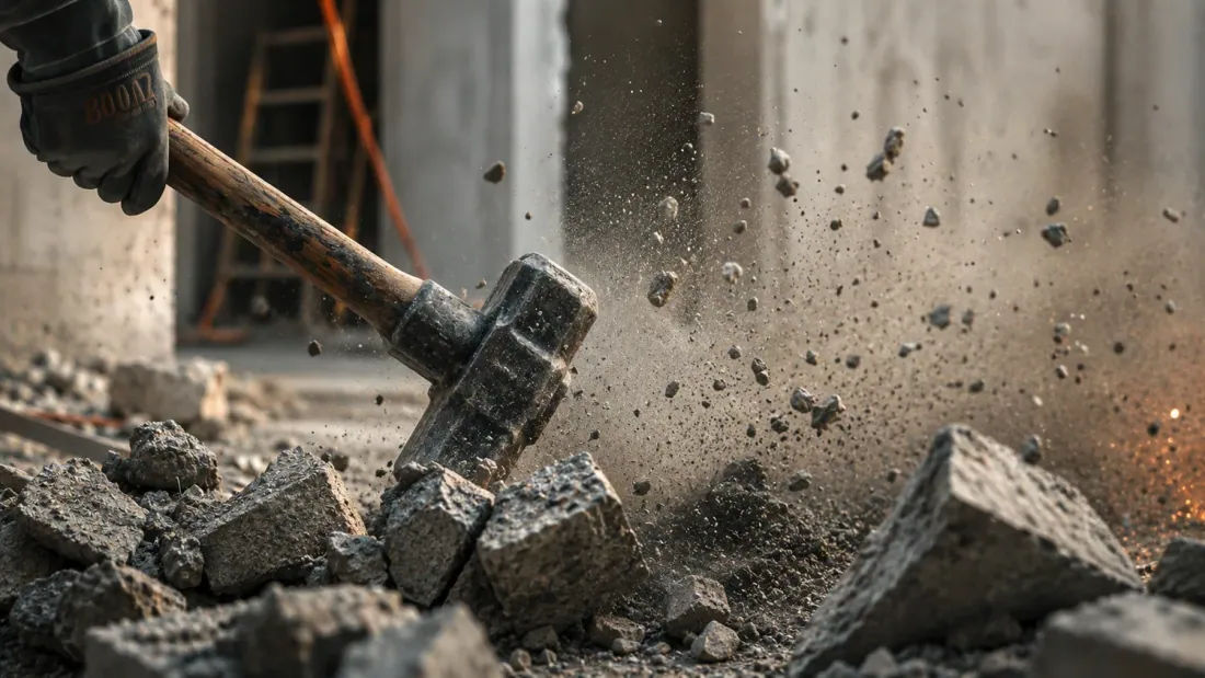 Démolition de béton à la masse avec projection de gravats