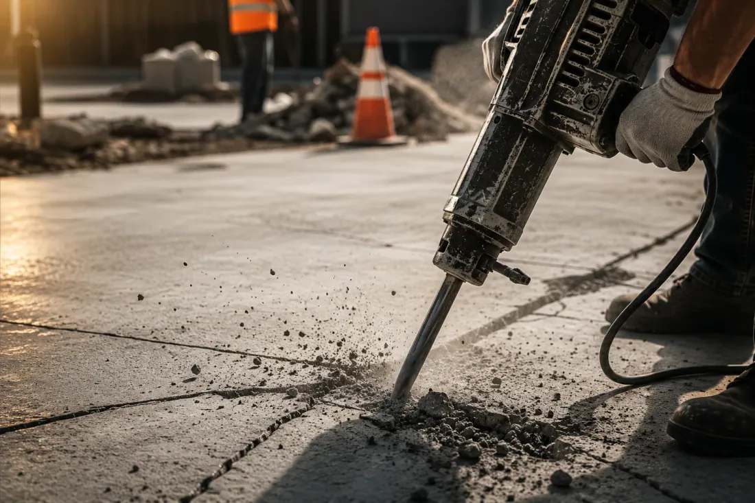 Ouvrier au marteau-piqueur sur une dalle béton en chantier