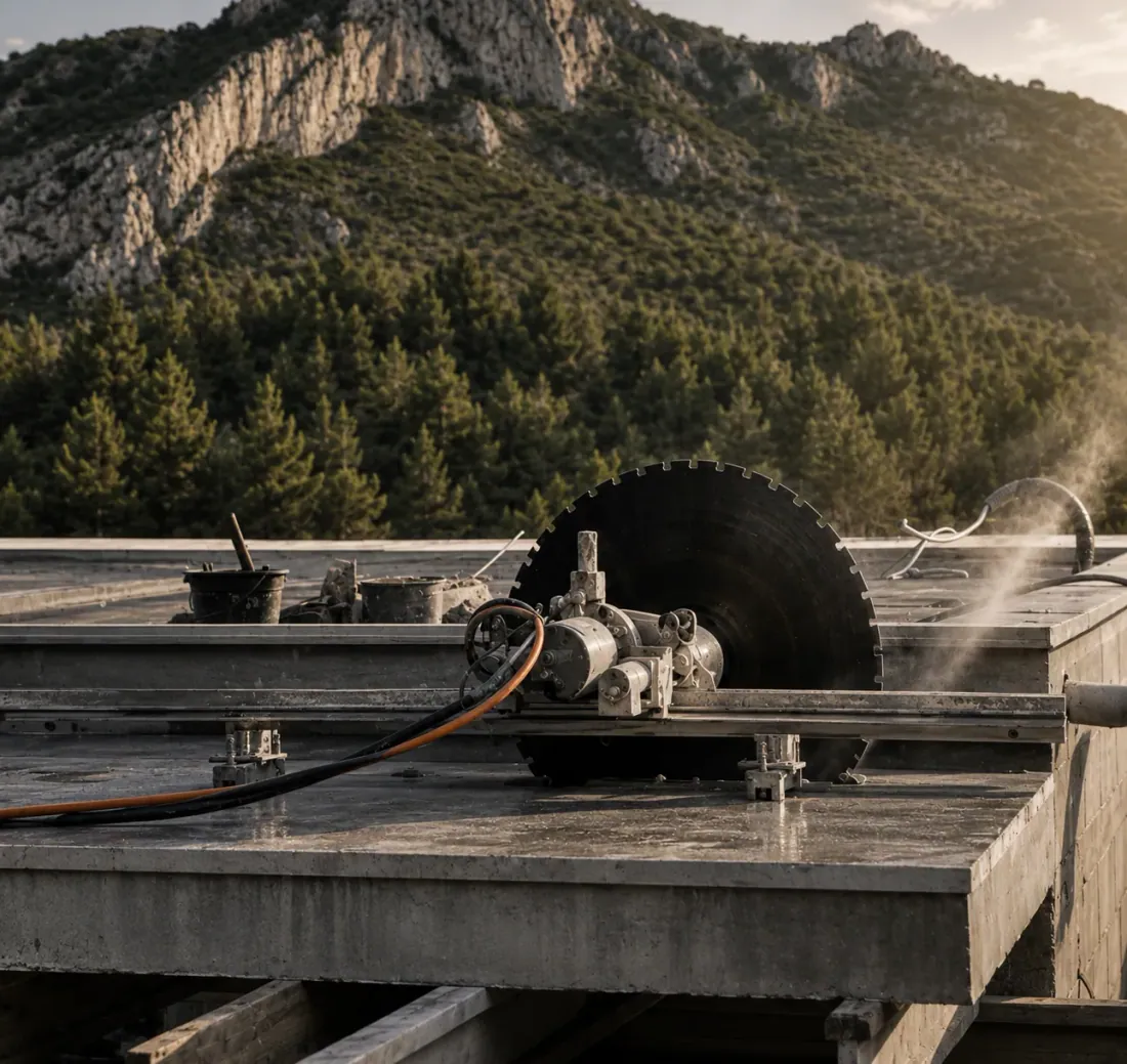 Sciage d'une dalle béton à la scie sur rail en extérieur